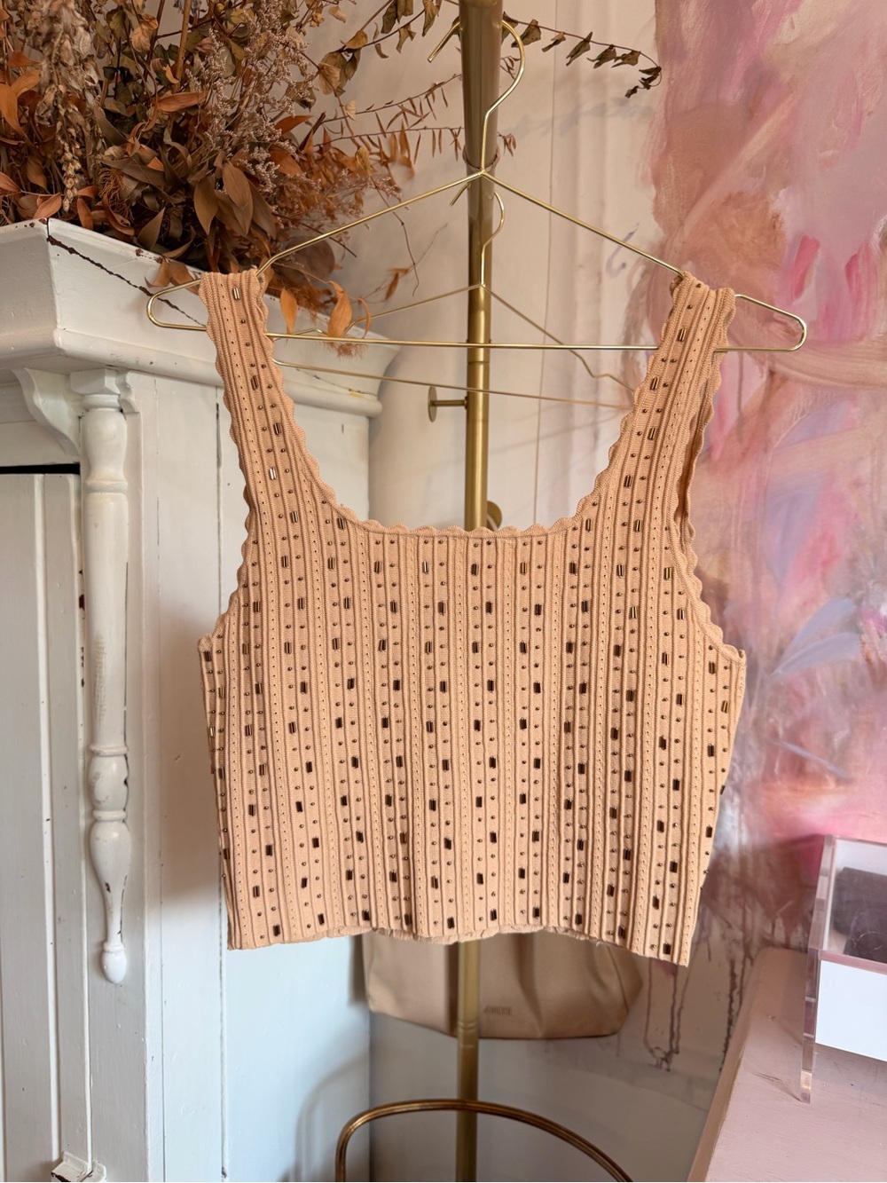 Sandro Sleeveless Ribbed Eyelet Crop Top - Peach